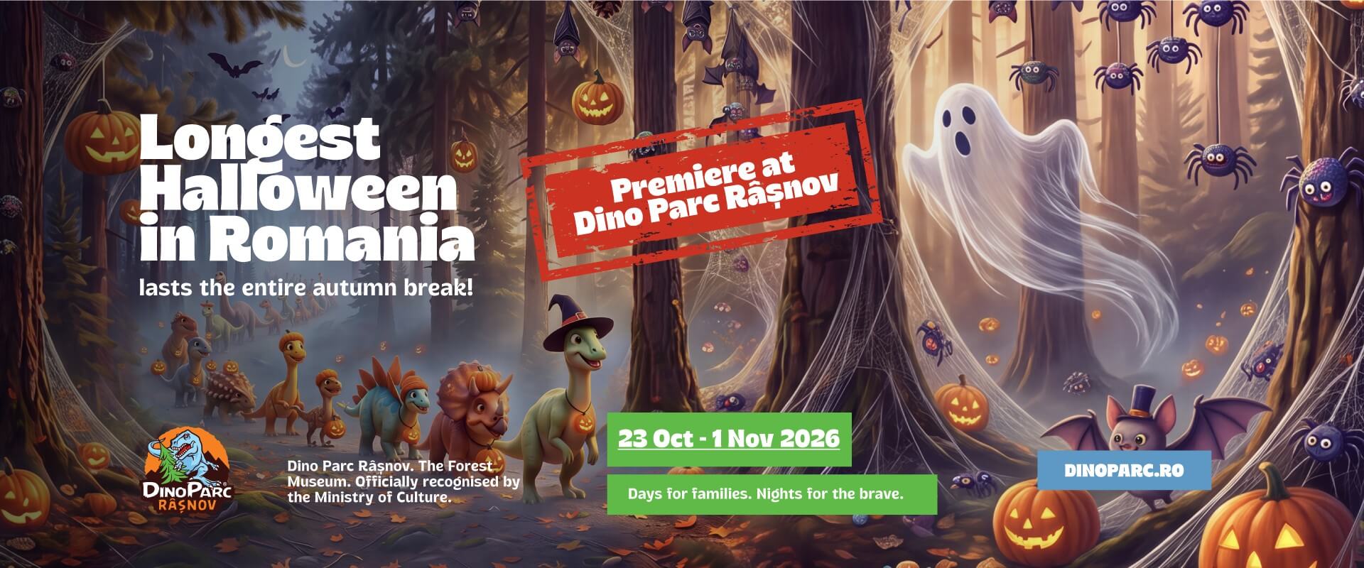 Halloween at Dino Park Rasnov: dinosaurs with pumpkins, ghosts and bats in a decorated autumn forest, October 23 – November 1, 2026